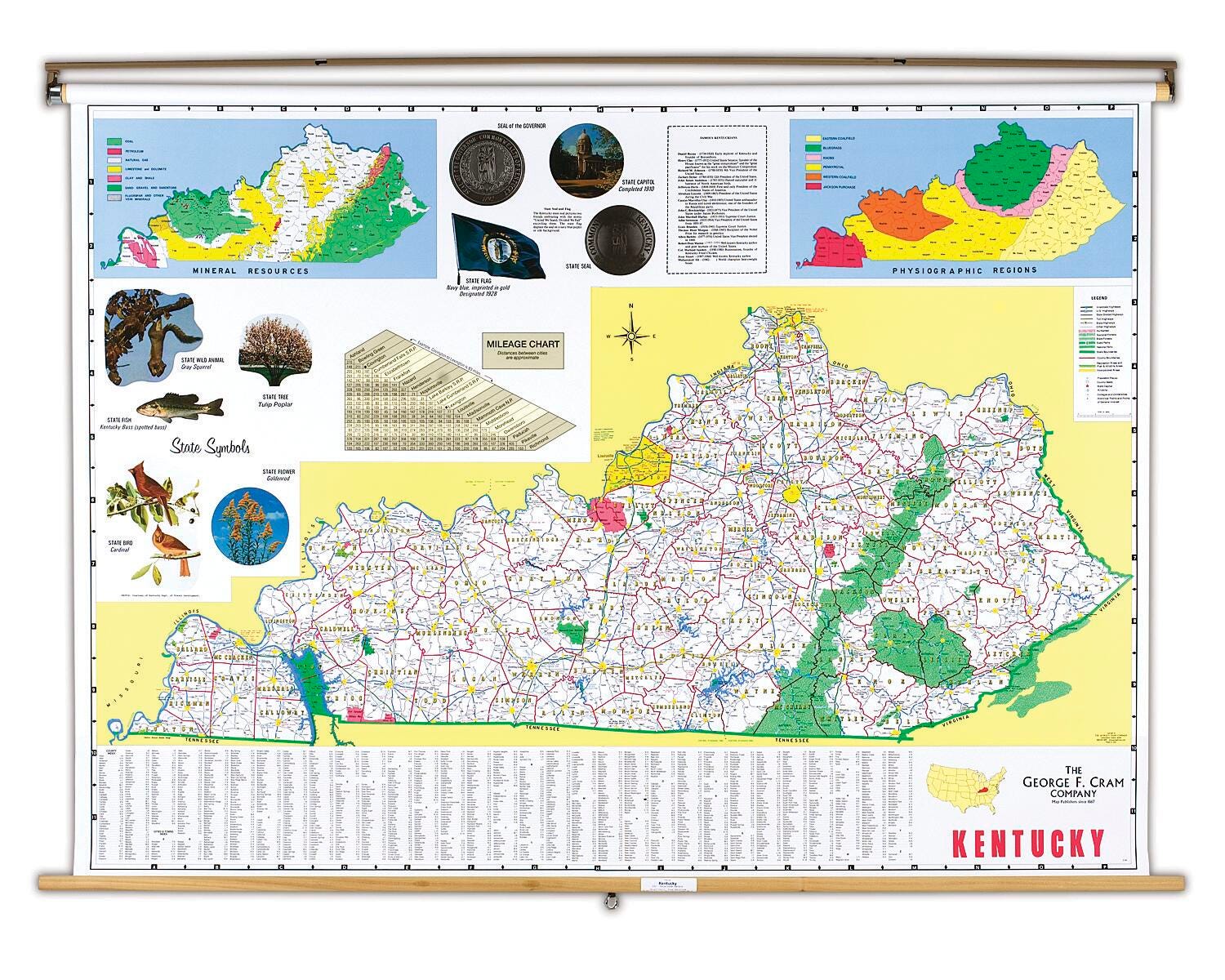 Nystrom Kentucky Pull Down Roller Classroom Map, 68 x 50 Inches, Item Number 088628